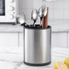 360 Rotating Stainless Steel Utensil Holder featuring stainless steel spoons and utensils on a kitchen countertop.