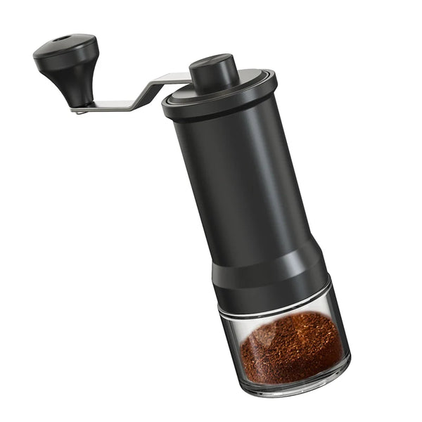 Manual Ceramic Coffee Grinder with hand crank and ground coffee visible in glass chamber.