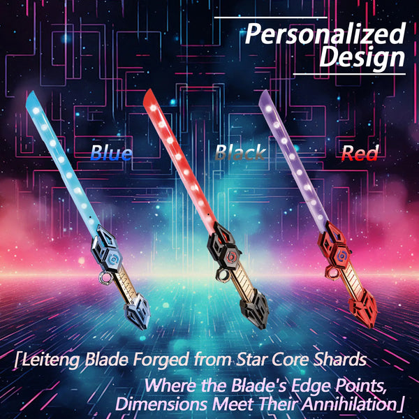 LED Motion-Activated Kids Light-Up Saber Toy in blue, black, and red, featuring personalized design elements.