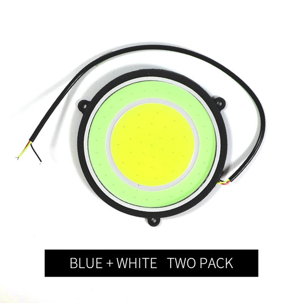 Universal 12V COB LED White Daytime Running Lights two pack featuring blue and white colors.