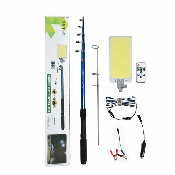 4.5M Telescopic Fishing Rod with 360 Light COB Lamp and accessories displayed in the image.