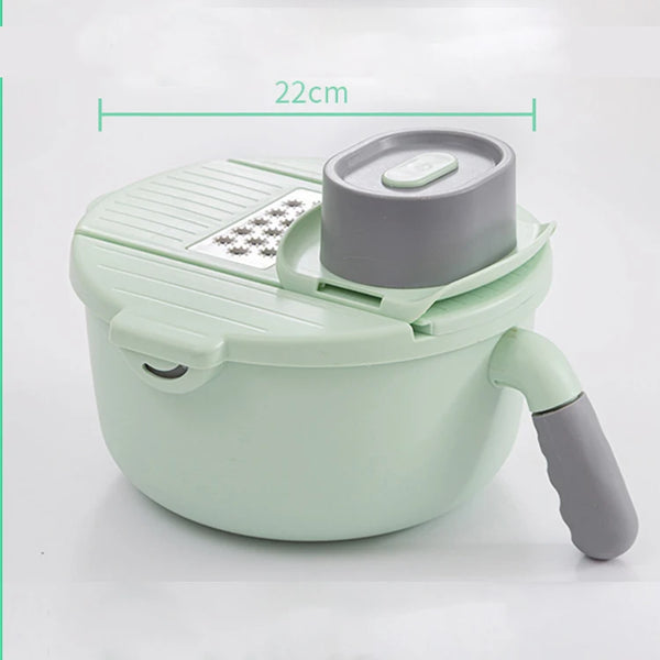 12-in-1 Manual Vegetable Chopper and Slicer in green color with measuring details for easy use.