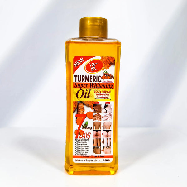 Turmeric Whitening Oil Dark Spot Remover in a transparent bottle to fade dark spots and even skin tone.