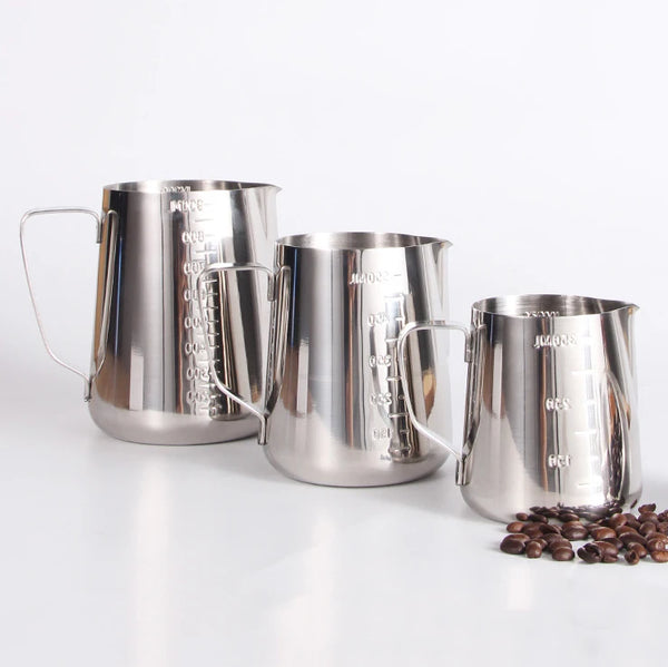 Silver Coffee Latte and Milk Frothing Pitcher 350ML in a set of three stainless steel measuring pitchers.