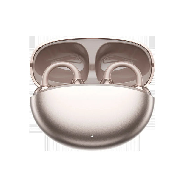 Bluetooth 5.4 Clip-On Earphones in a sleek case, designed for comfort and outdoor use.