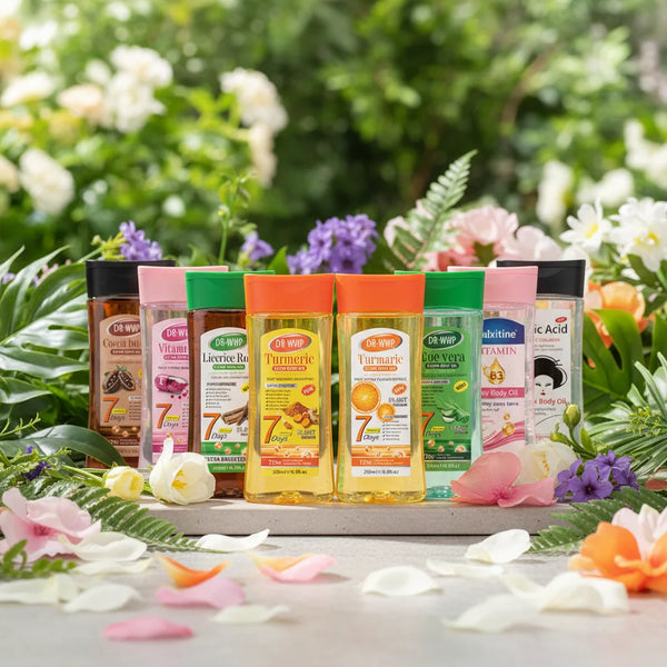 Aloe Vera Anti-Aging Body Massage Oil and other skincare products arranged with flowers outdoors