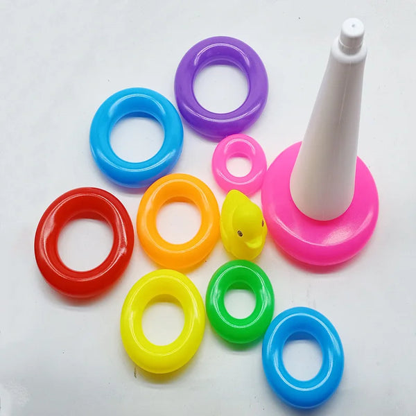 Rainbow Duck Stacking Tower Toy colorful rings and cone for early sensory development in infants.