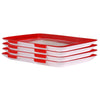 Reusable Stackable Food Preservation Trays with Stretch Covers in red and white, stacked for easy storage.