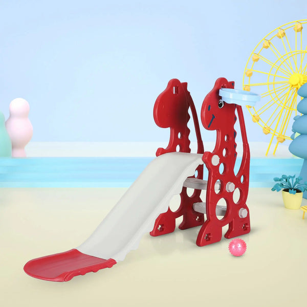 Childrens Playhouse Slide Playground Set featuring a fun red slide with a dinosaur design, perfect for active outdoor play.