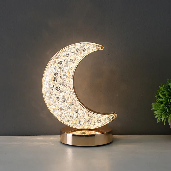 Luxury Crystal Star and Moon Rechargeable LED Table Lamp featuring a crystal moon design.