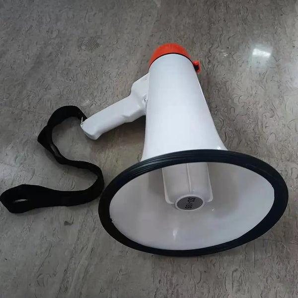 Handheld Power Megaphone 50W with a strap, designed for projecting voice clearly over large distances.