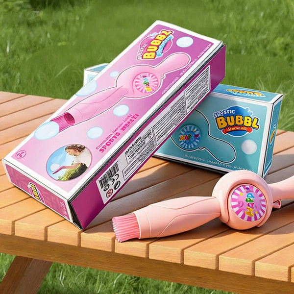 Elastic Magic Wand Smoke Bubble Machine packaging displayed on a wooden table with colorful bubble toy.