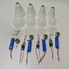20W Rechargeable Emergency LED Bulb components, including LED boards, rechargeable batteries, and bulb casings.