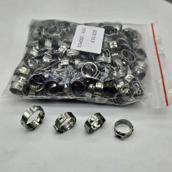 Stainless Steel Double Pipe Clamp, 200pcs pack, securely holds pipes and hoses for industrial and marine applications.
