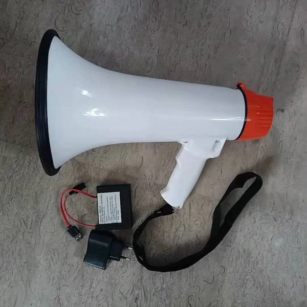 Handheld Power Megaphone 50W with white horn and orange handle, ideal for addressing large crowds.