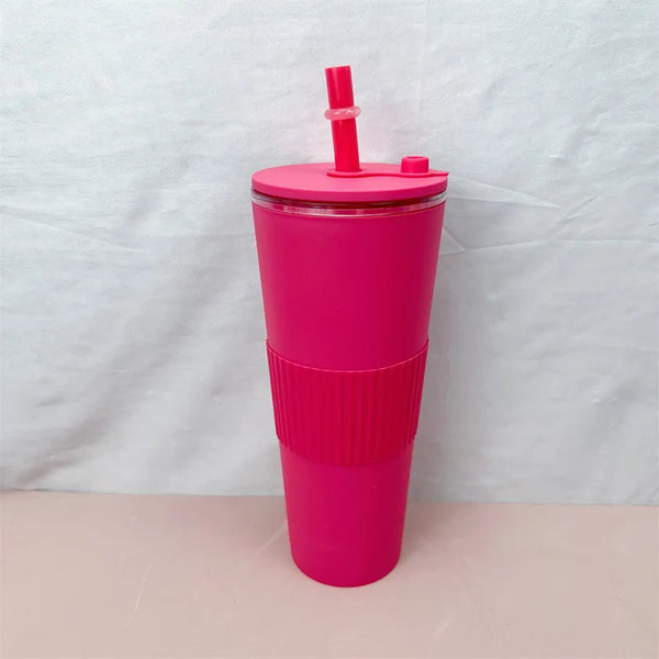 24oz Double Wall Plastic Bubble Tea Tumbler in vibrant pink color with a straw and lid.