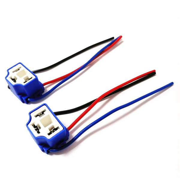 Heavy Duty 3 Pin H4 LED Ceramic Headlight Socket with wiring for secure connection and heat resistance.