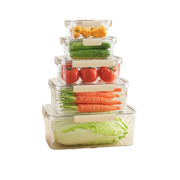 Deluxe 5-Piece Stackable Airtight Food Container Set with fresh vegetables and airtight lids, ideal for kitchen storage.