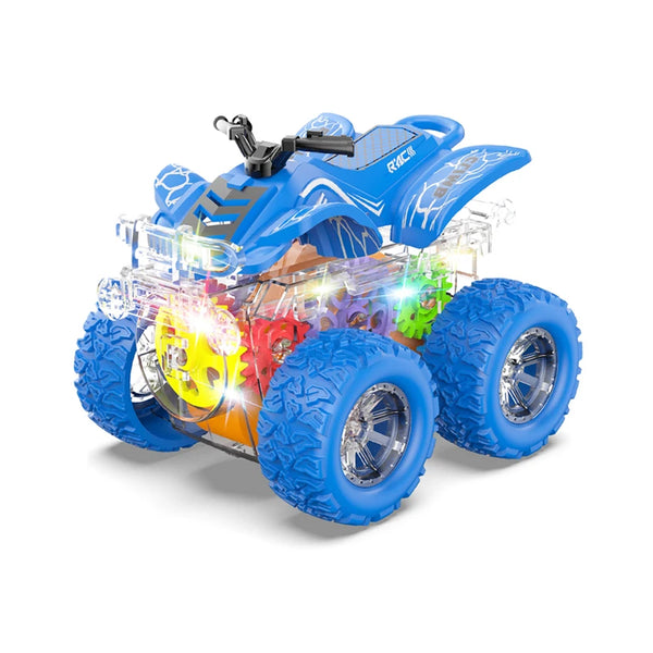 Colorful Plastic Four Wheel Drive Double-Sided Stunt Car with bright lights and large tires, designed for energetic play.