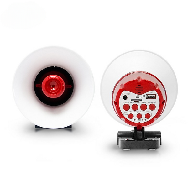 15W USB Connected Loudspeaker Megaphone showing front and back views with control buttons and speaker horn.