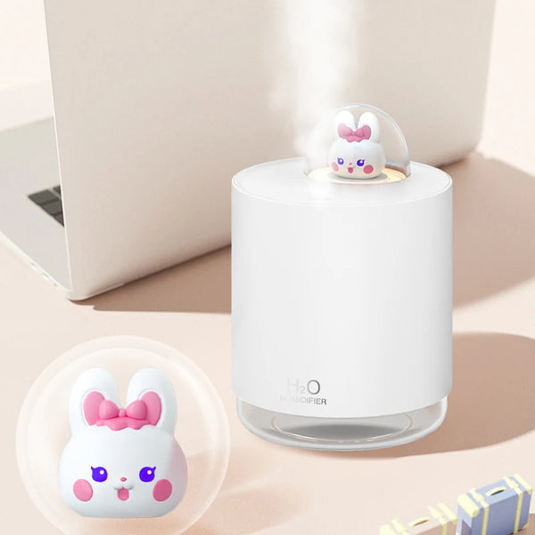6.5-Inch USB Rabbit Humidifier with Light in white, featuring a cute bunny design, perfect for desks or bedside tables.