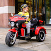Child riding a 12V Plastic Powered Big Size Electric Motorbike in red color, showcasing outdoor play and stability on three wheels.