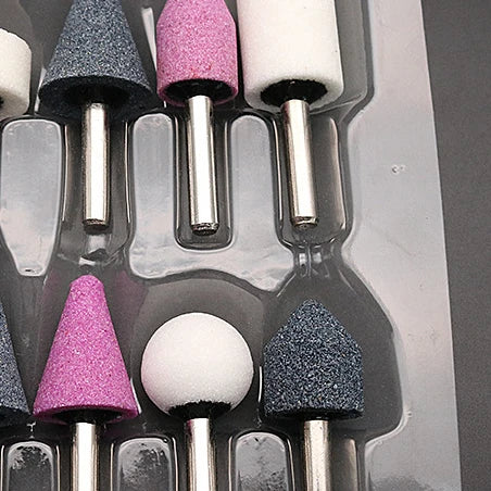 10Pcs Ceramic Abrasive Stone Mounted Grinding Set featuring various grinding stones and accessories.