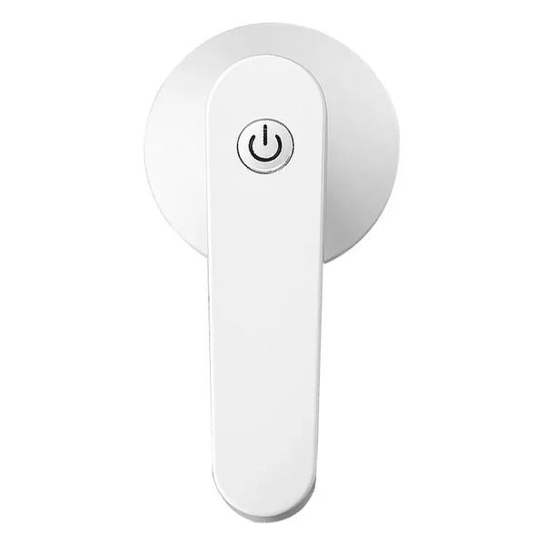 Portable USB Rechargeable Fabric Shaver and Lint Remover, top view of white device with power button.