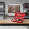46-Piece All-in-One Socket Wrench Tool Set displayed in a red storage case on a workbench.