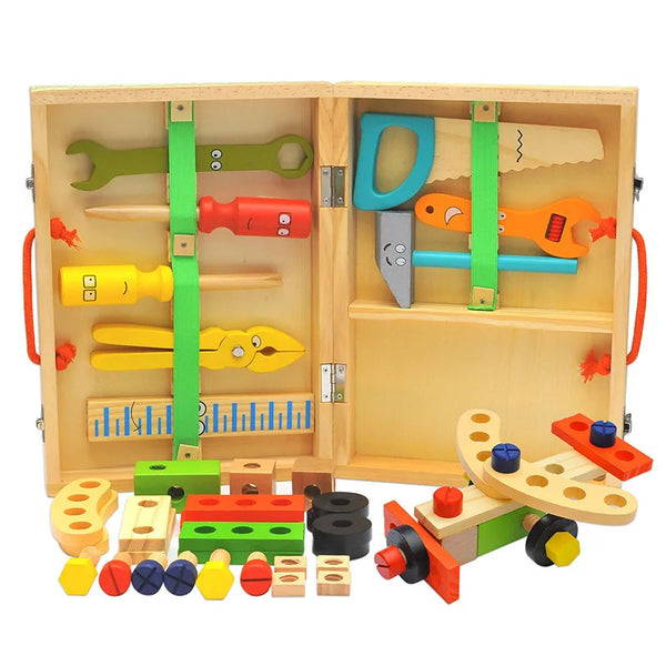 Wooden Toolbox DIY Construction Tool Set with colorful tools and wooden parts, ideal for organizing DIY projects.