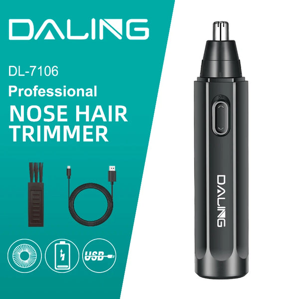 Professional Nose & Ear Hair Trimmer in sleek black design with USB charging and grooming accessories.