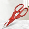 Heavy-Duty Stainless Steel Kitchen Poultry Shears with red handles on a countertop.
