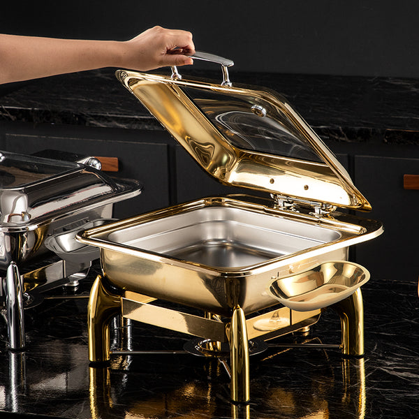 Gold Stainless Steel Square Chafing Dish with Flip Top on display, showcasing elegant design and functionality.
