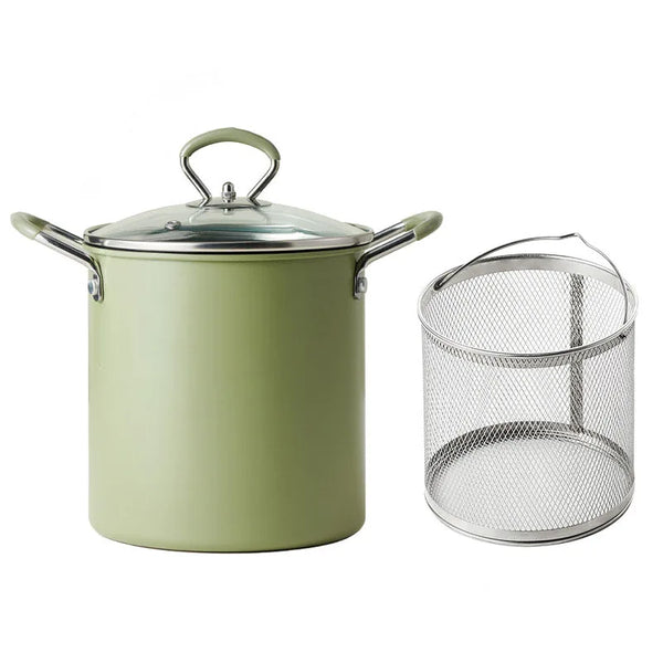 Japanese-Style Non-Stick Deep Fryer and Noodle Pot featuring a green pot with lid and a metal frying basket.