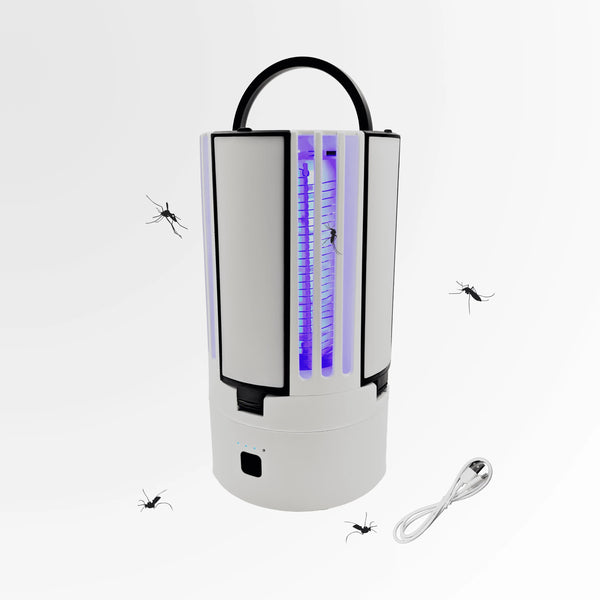 Rechargeable LED Mosquito Killer Lamp and Lantern with UV light and insects around it.