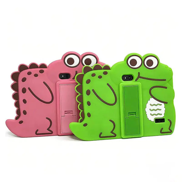 Q8 7-Inch Android 12 Kids Tablet in fun dinosaur cases, pink and green, designed for children's safety and portability.