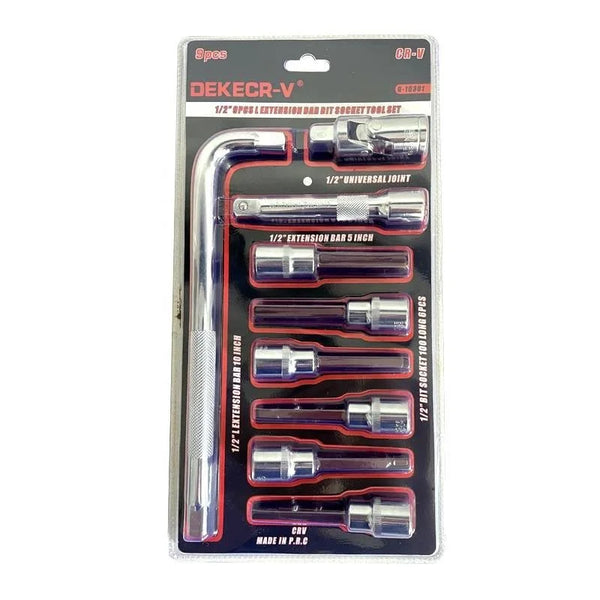 9-Piece Heavy Duty L-Handle Socket Set with various socket sizes and universal joint for mechanical repairs.