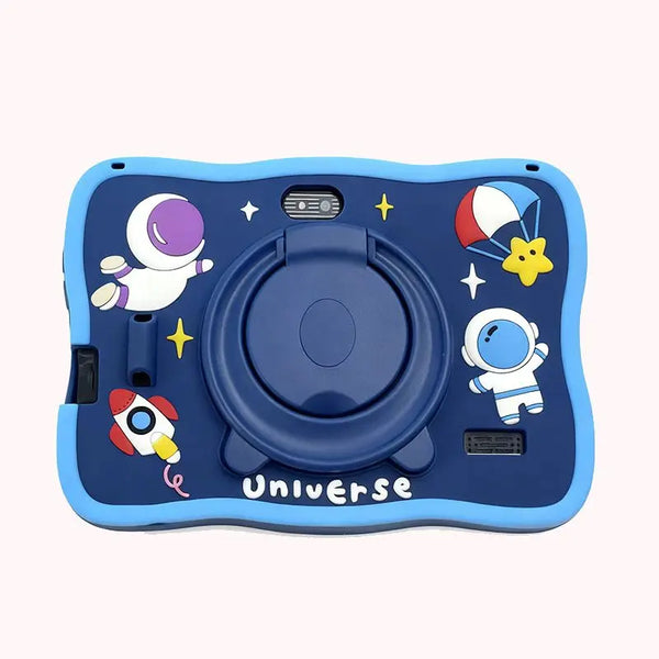 Kids Learning Flagship Q8 7-Inch Android Tablet featuring a colorful universe design with astronauts and rockets.