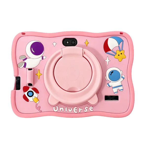 Kids Learning Flagship Q8 7-Inch Android Tablet in pink with space-themed designs for children.