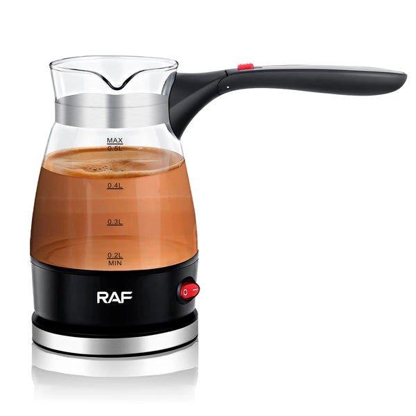 Electric Turkish Coffee Maker with Glass Pot and Foldable Handle brewing rich coffee.