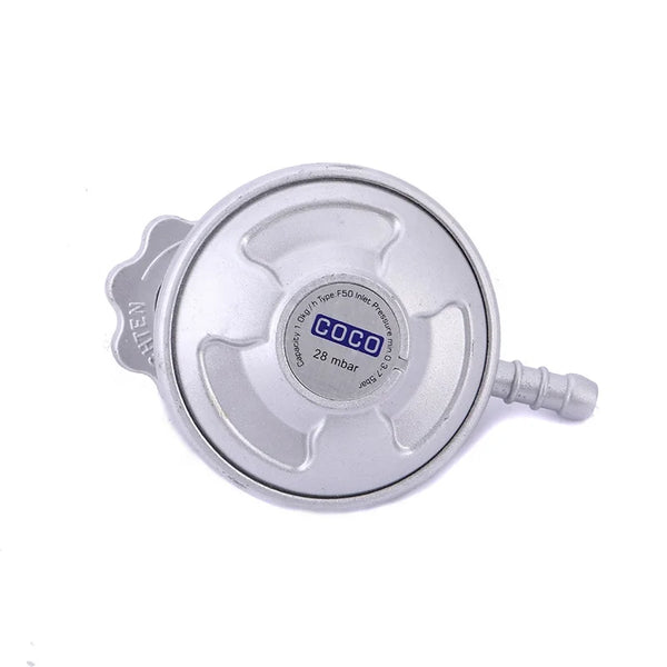 28mbar LPG Gas Regulator with Shutoff Valve for safe fuel flow to stoves or heaters.
