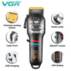 V-699 Professional Electric Hair Clipper featuring titanium blades, guide comb, taper lever, USB charging, and LED display.