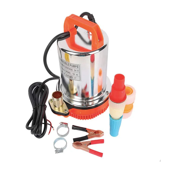 Brushless Solar Water Pump showing the product with accessories and wiring for efficient water transfer.