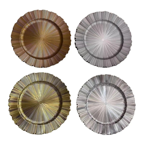 13-Inch Irregular Gold Rim Dinner Plate featuring four artistic designs in gold and silver finishes.