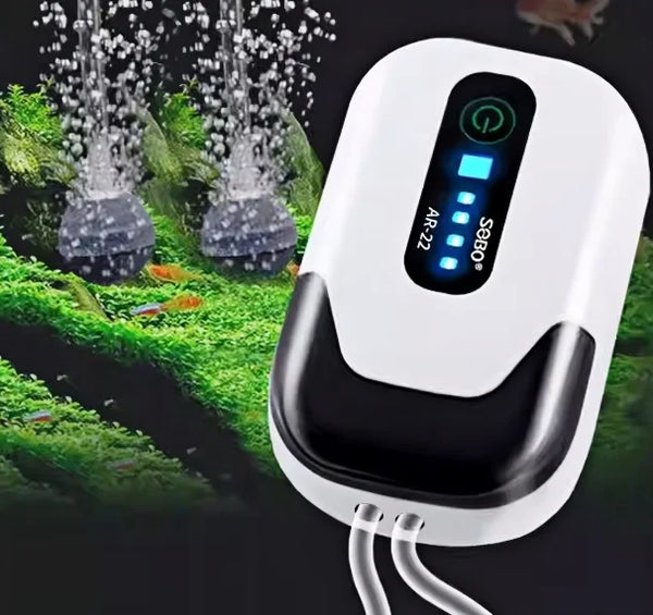 Portable Aquarium Oxygen Pump providing air flow with LED display for optimal fish health in home aquariums.