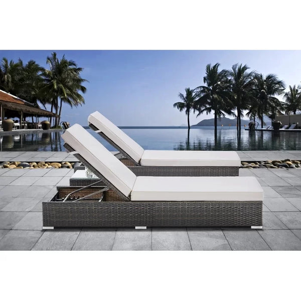 Outdoor Garden Lounge Daybed Wicker Deck Bed with white cushions by a poolside surrounded by palm trees.