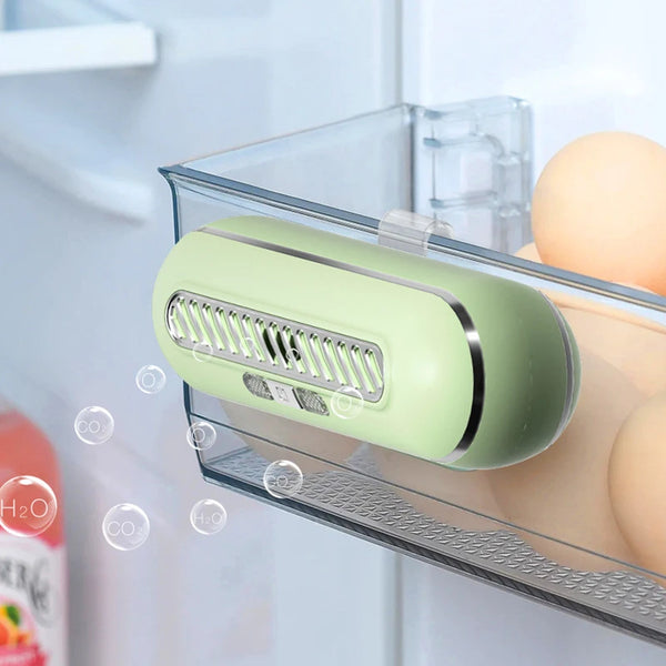 Fridge Deodorizer Refrigerator Air Freshener placed in a fridge drawer among eggs, neutralizing odors effectively.
