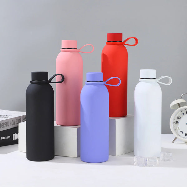 500ml Matte Rubberized Insulated Sports Bottle in various colors, showcasing durability and non-slip grip.