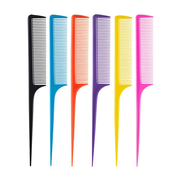 Professional Pointed Tail Hair Comb set in vibrant colors including black, blue, orange, purple, yellow, and pink.