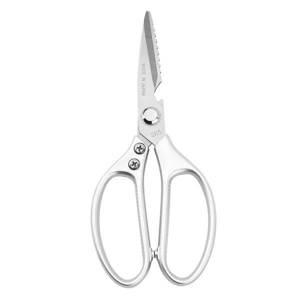 Multi-Function Stainless Steel Kitchen Scissors shown in silver color with ergonomic handles.